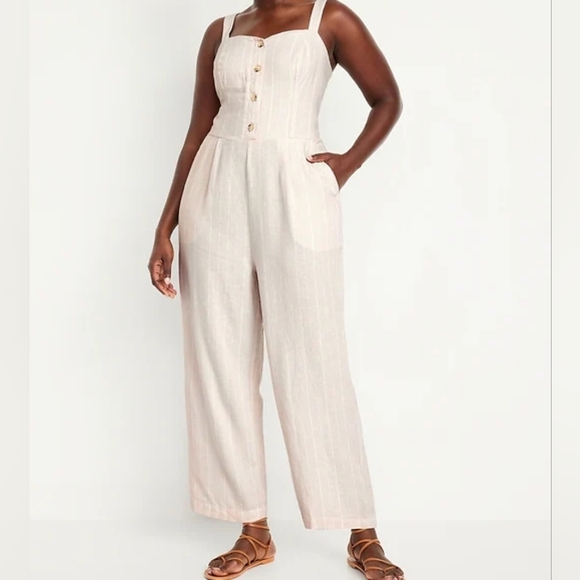 Old Navy Pants - NWT Old Navy Button-Front Linen Stripe Smocked Cami Wide Leg Jumpsuit Women XXL